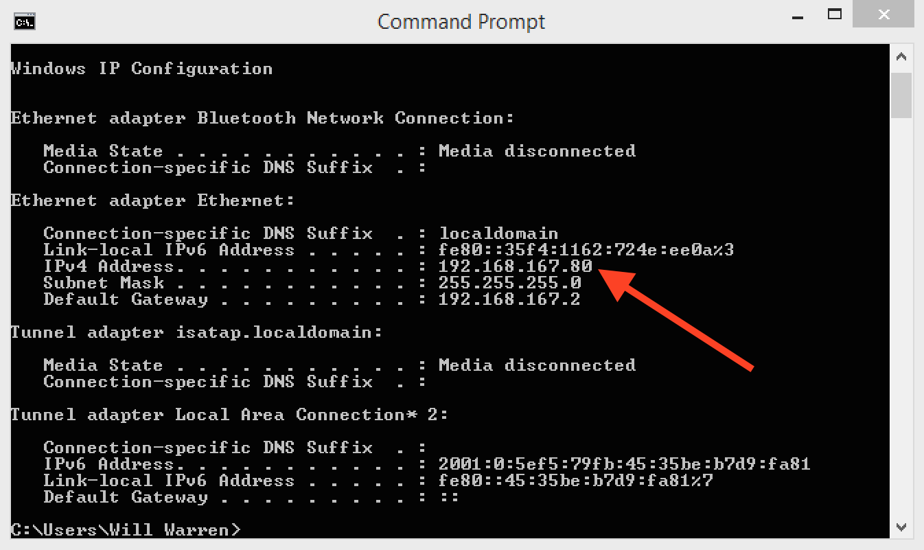 Screenshot of ipconfig output showing new IP address