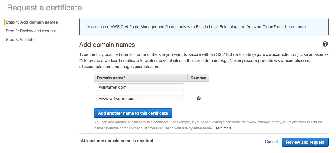Requesting a certificate from ACM