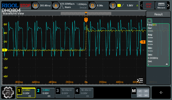 Oscilloscope screenshot. Now the glitches are just perpetual, and not affected by the clock at all. Something is wrong.