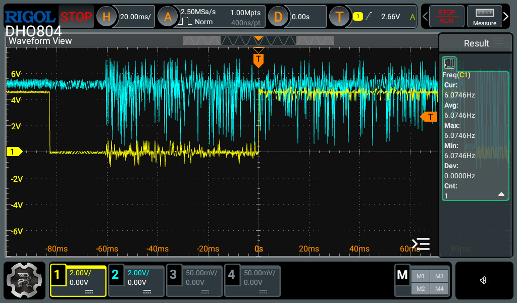 Oscilloscope screenshot. It shows a square wave (the CLK signal) and another line that is erratically oscillating, rather than holding a specific level.