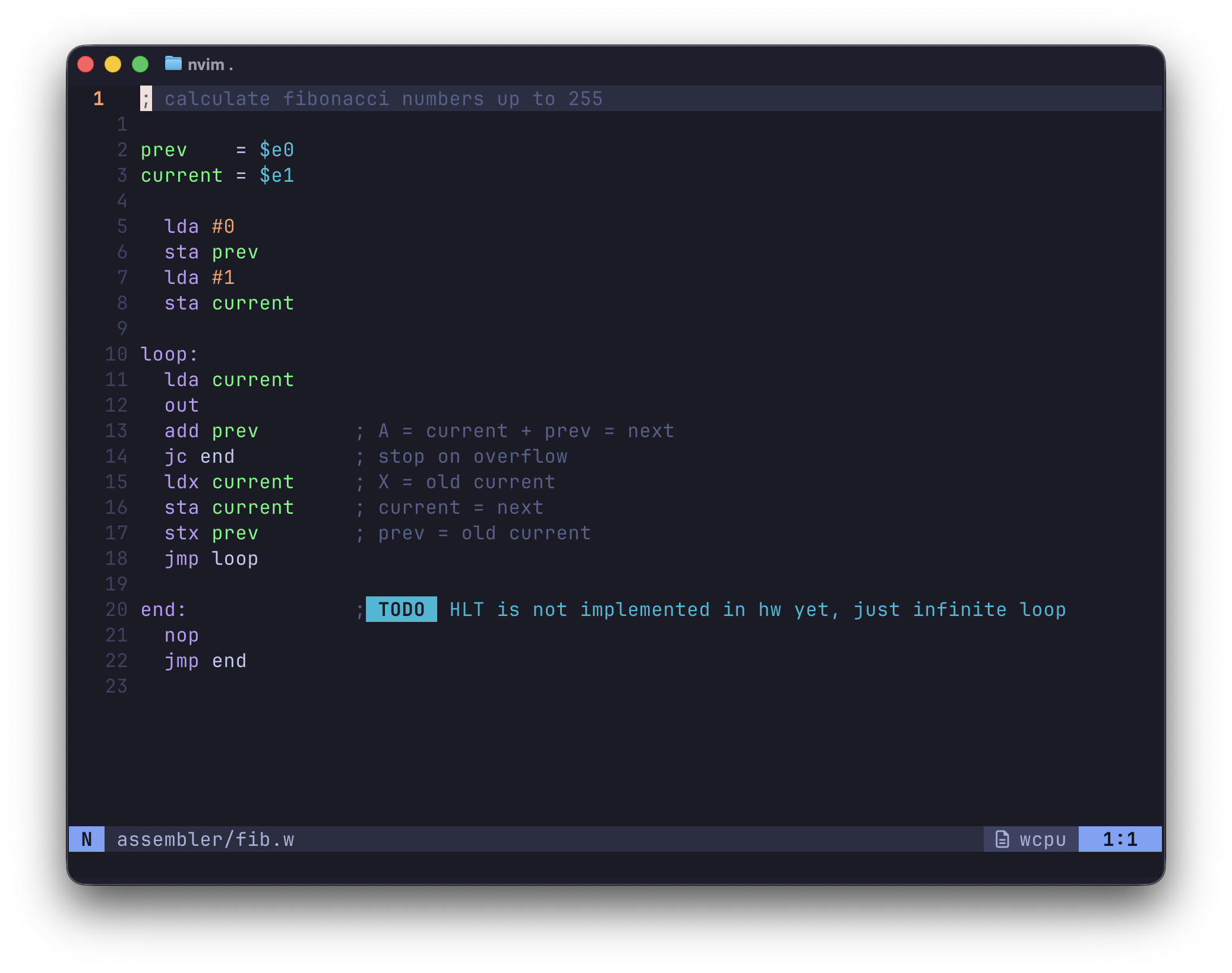 A screenshot of Neovim with Will’s amazing theme applied. It shows some 6502-ish assembly code, nicely syntax highlighted. The code shown calculates the Fibonacci sequence in a loop.