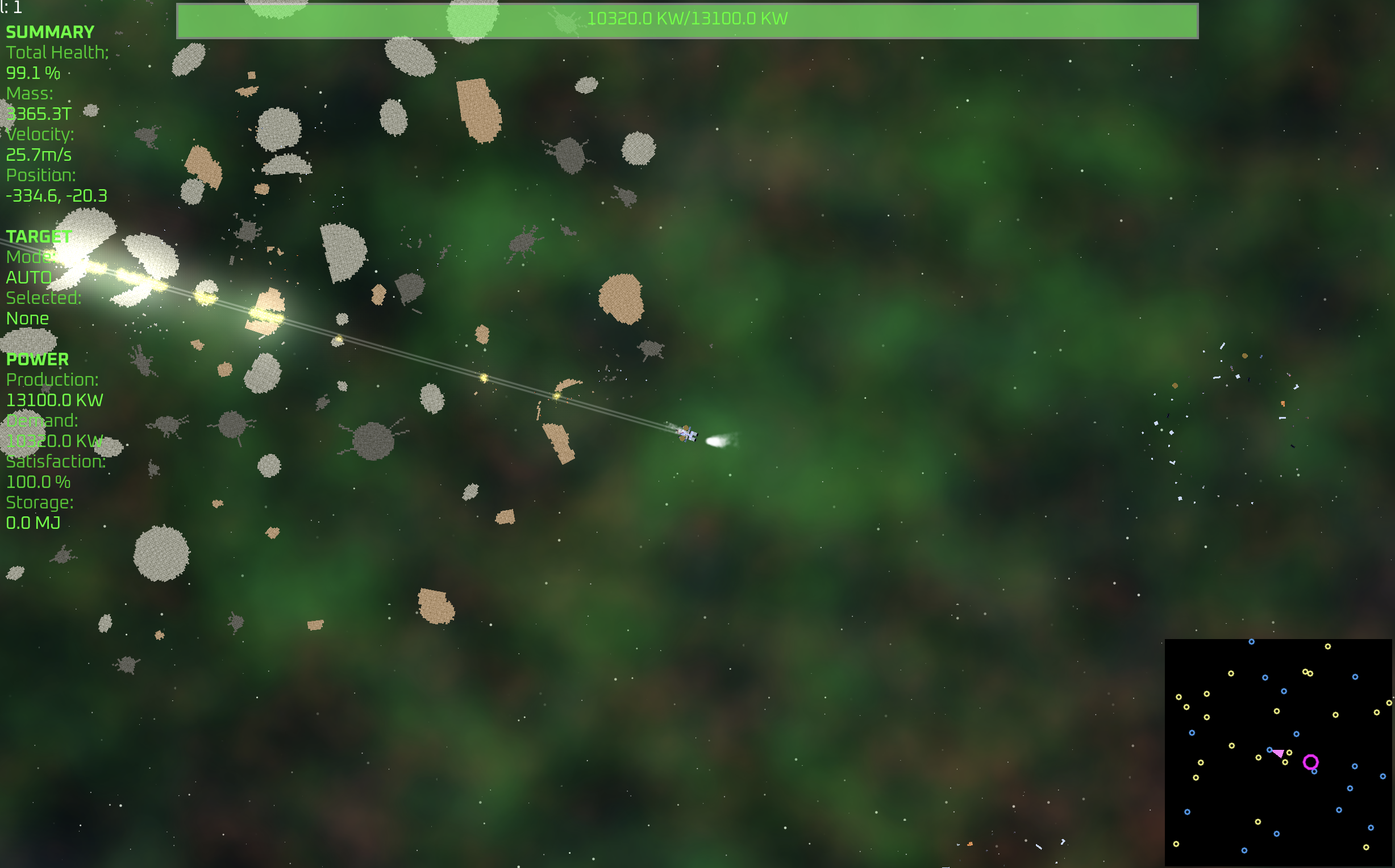 Zoomed out shot of a ship blasting asteroids with a double railgun