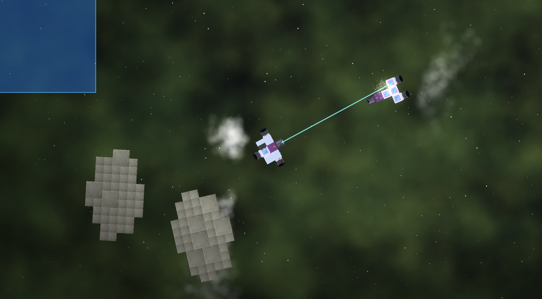 Two tiny ships fighting each other in an asteroid field