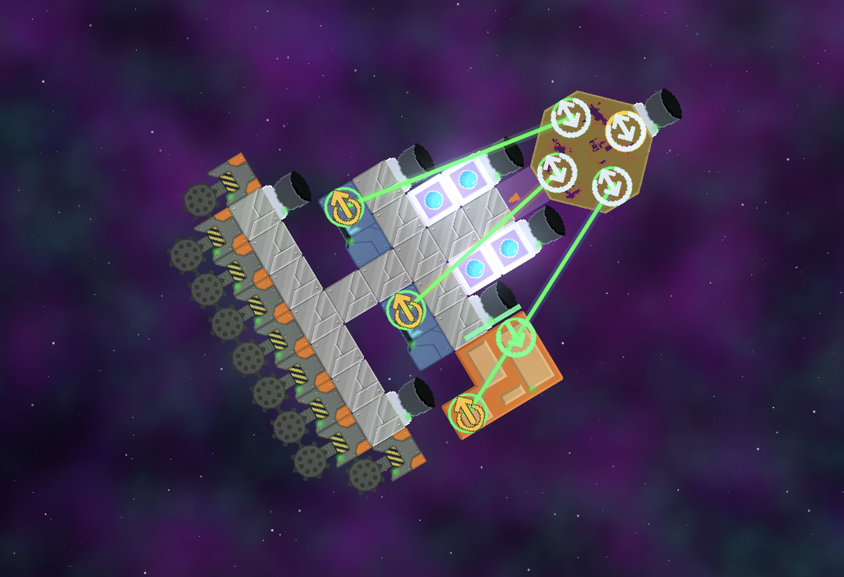 Screenshot of a large ship with item storage pods