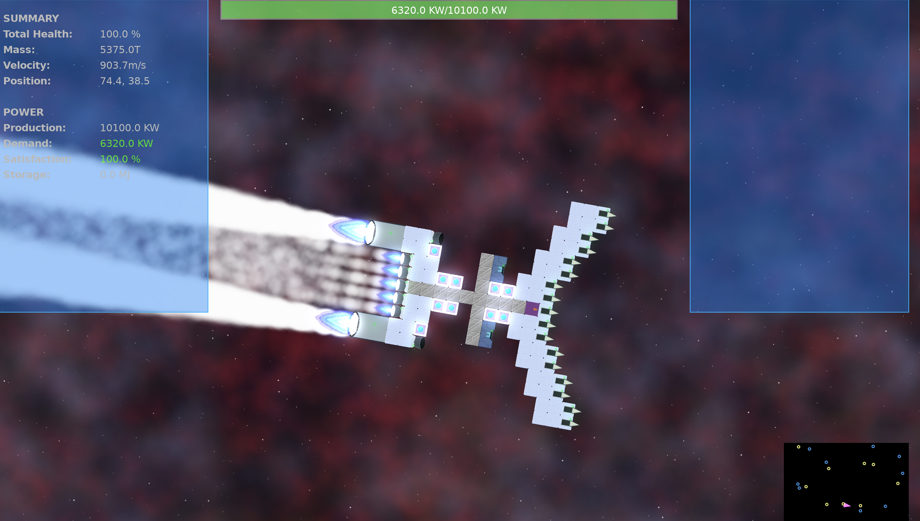 A spaceship with a lot of thrusters flying across the image